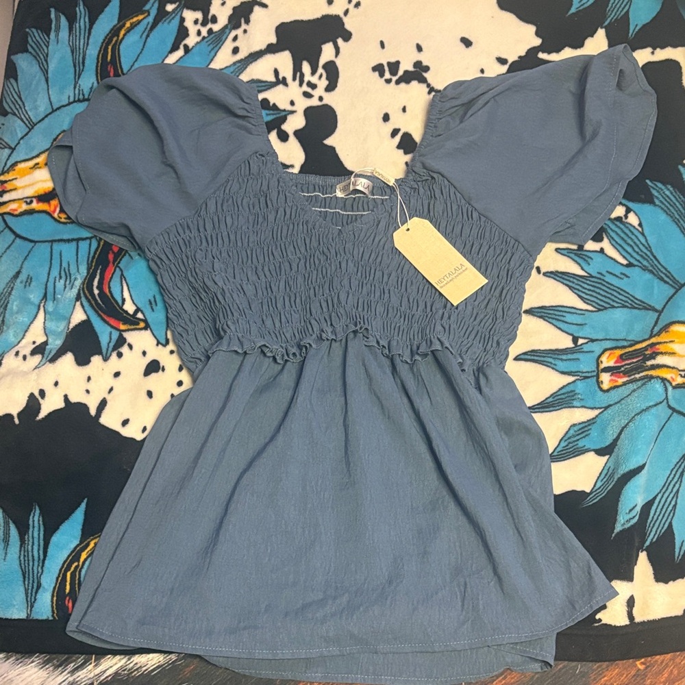 Elegant Smocked Blouse in Slate Blue